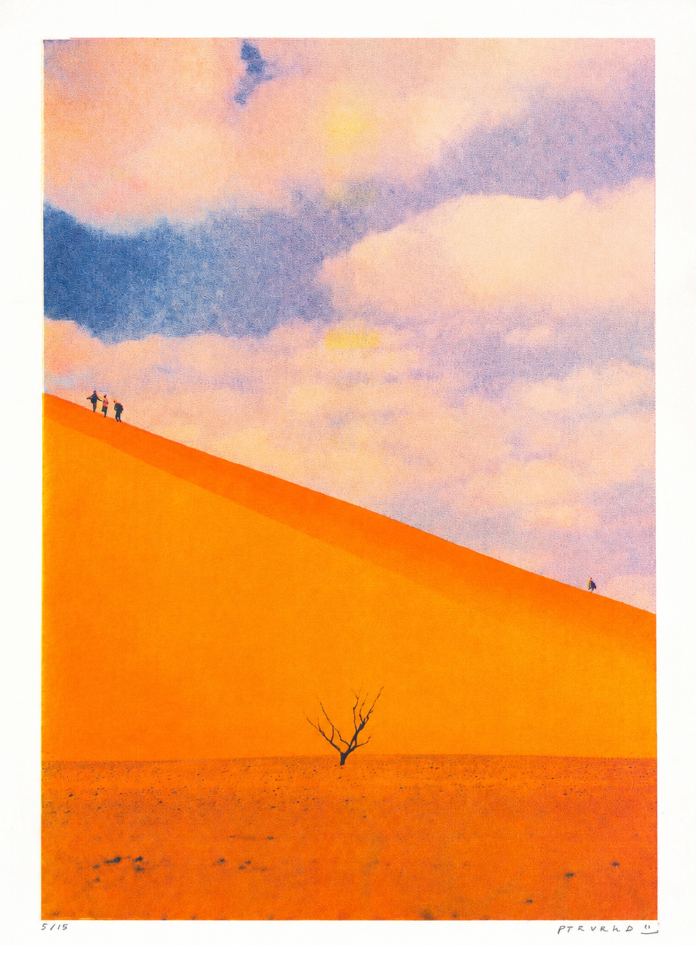 A3 portrait risograph by PTRVRKD showing vivid orange desert dunes, tiny walking figures, a lone tree and a soft blue-pink sky, ideal for modern wall art and home decor.