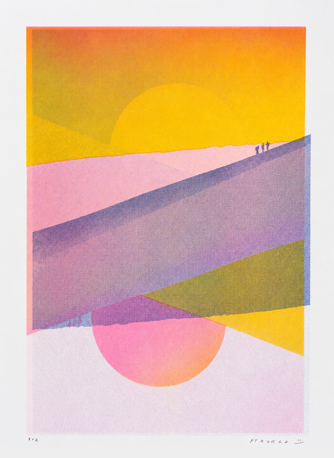Dune Landscape - Two Suns by PTRVRKD, vertical A3 risograph print with yellow suns, pink dunes, violet hills and tiny figures, ideal as colourful contemporary wall art.