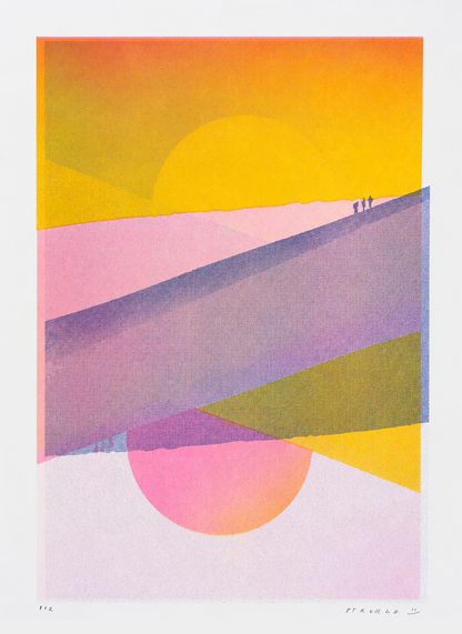 Dune Landscape - Two Suns by PTRVRKD, vertical A3 risograph print with yellow suns, pink dunes, violet hills and tiny figures, ideal as colourful contemporary wall art.