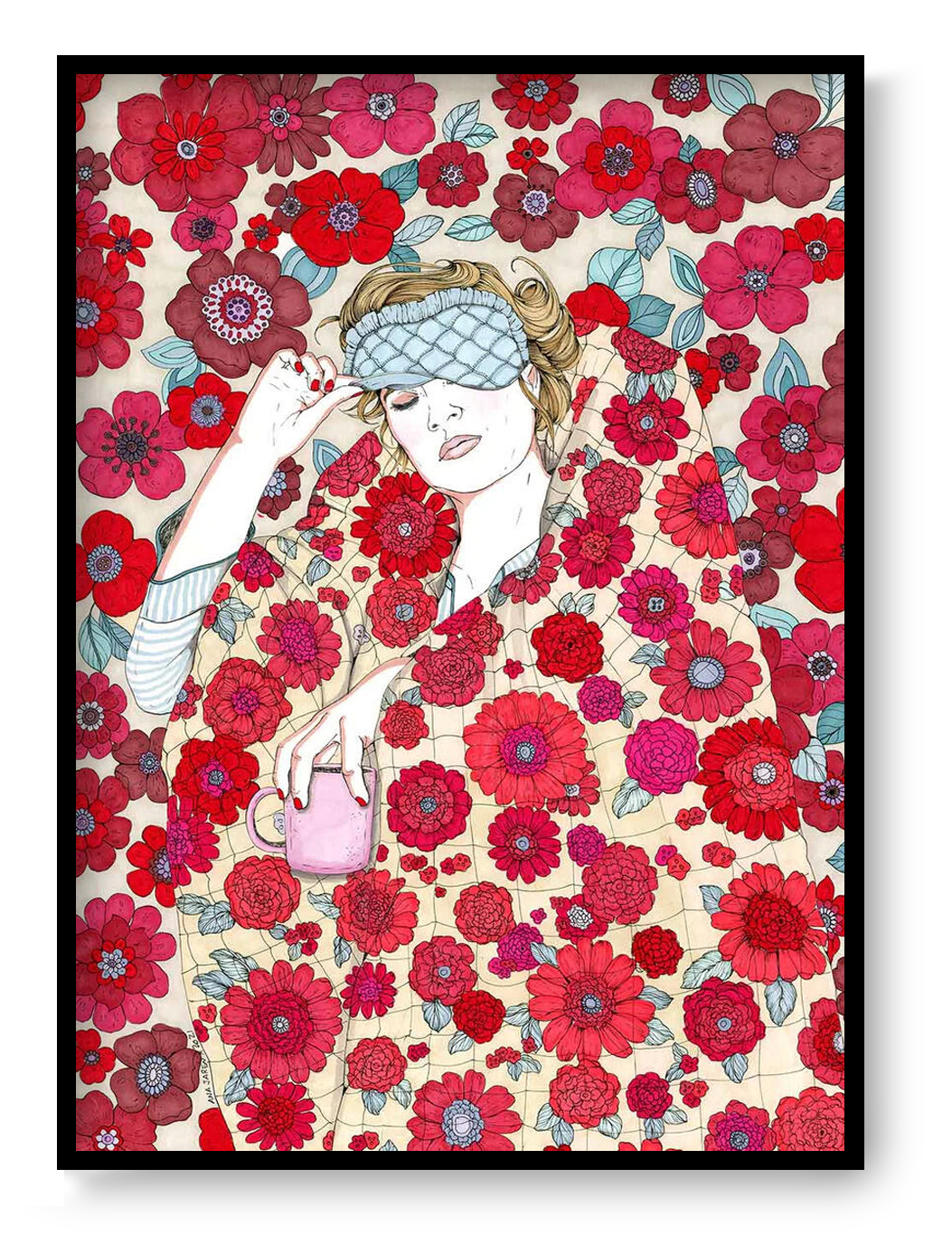 A3 art print “Duvet 4” by Ana Jarén, detailed floral illustration depicting an intimate domestic moment, contemporary wall art for calm interiors.