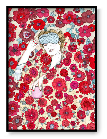 A3 art print “Duvet 4” by Ana Jarén, detailed floral illustration depicting an intimate domestic moment, contemporary wall art for calm interiors.