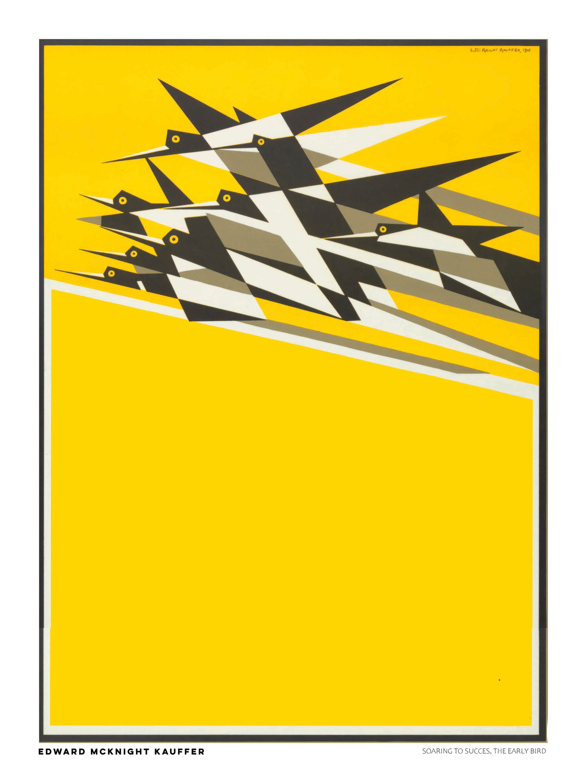 Vertical vintage modernist poster by Edward McKnight Kauffer showing a flock of geometric black, white, and grey birds flying across a bright yellow background. Digital art print with Art Deco influences for bold wall decor.