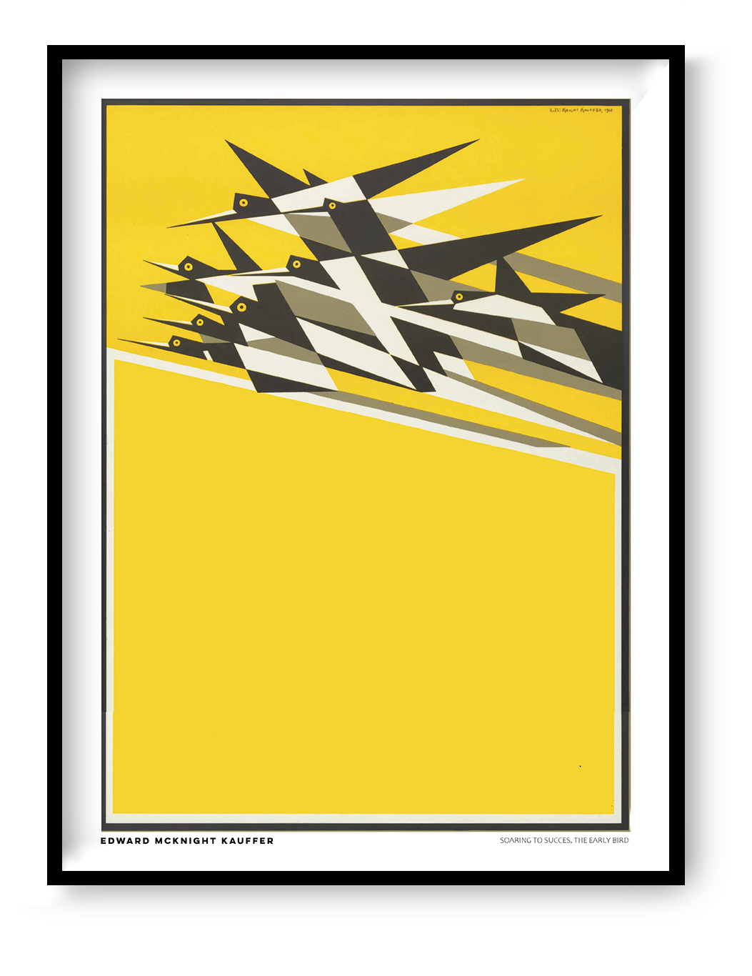 Vertical vintage modernist poster by Edward McKnight Kauffer showing a flock of geometric black, white, and grey birds flying across a bright yellow background. Digital art print with Art Deco influences for bold wall decor.