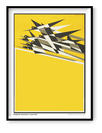 Vertical vintage modernist poster by Edward McKnight Kauffer showing a flock of geometric black, white, and grey birds flying across a bright yellow background. Digital art print with Art Deco influences for bold wall decor.