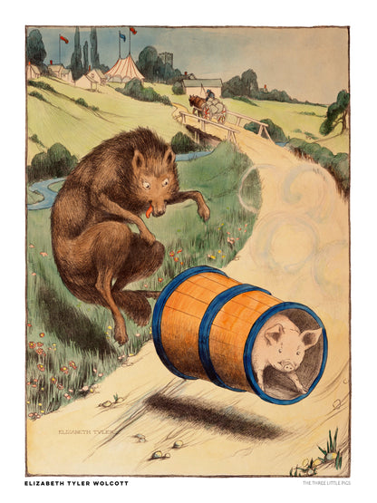 Vintage storybook illustration of The Three Little Pigs by Elisabeth Tyler Wolcott, featuring a brown wolf chasing a pig in an orange barrel, with a green countryside background. Portrait digital art print for nursery wall decor.