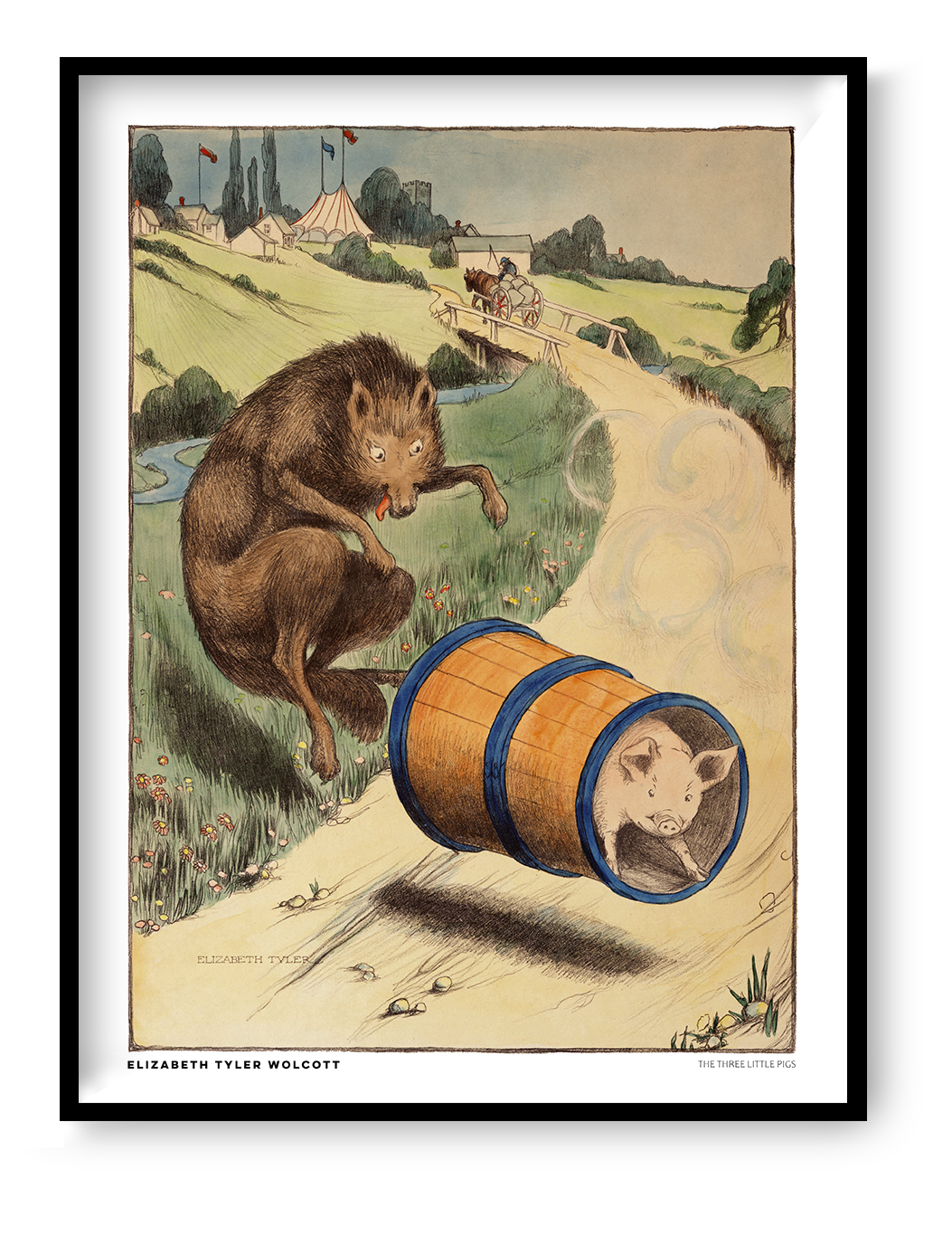 Vintage storybook illustration of The Three Little Pigs by Elisabeth Tyler Wolcott, featuring a brown wolf chasing a pig in an orange barrel, with a green countryside background. Portrait digital art print for nursery wall decor.