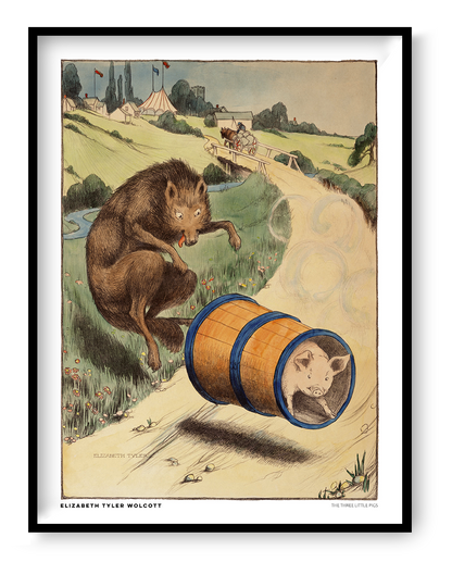 Vintage storybook illustration of The Three Little Pigs by Elisabeth Tyler Wolcott, featuring a brown wolf chasing a pig in an orange barrel, with a green countryside background. Portrait digital art print for nursery wall decor.
