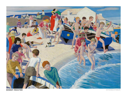 On the Beach at Newlyn by Ernest Procter, colourful British seaside painting with children swimming, families on the sand and blue fishing boats. Horizontal coastal artwork reproduced as a digital wall art print.