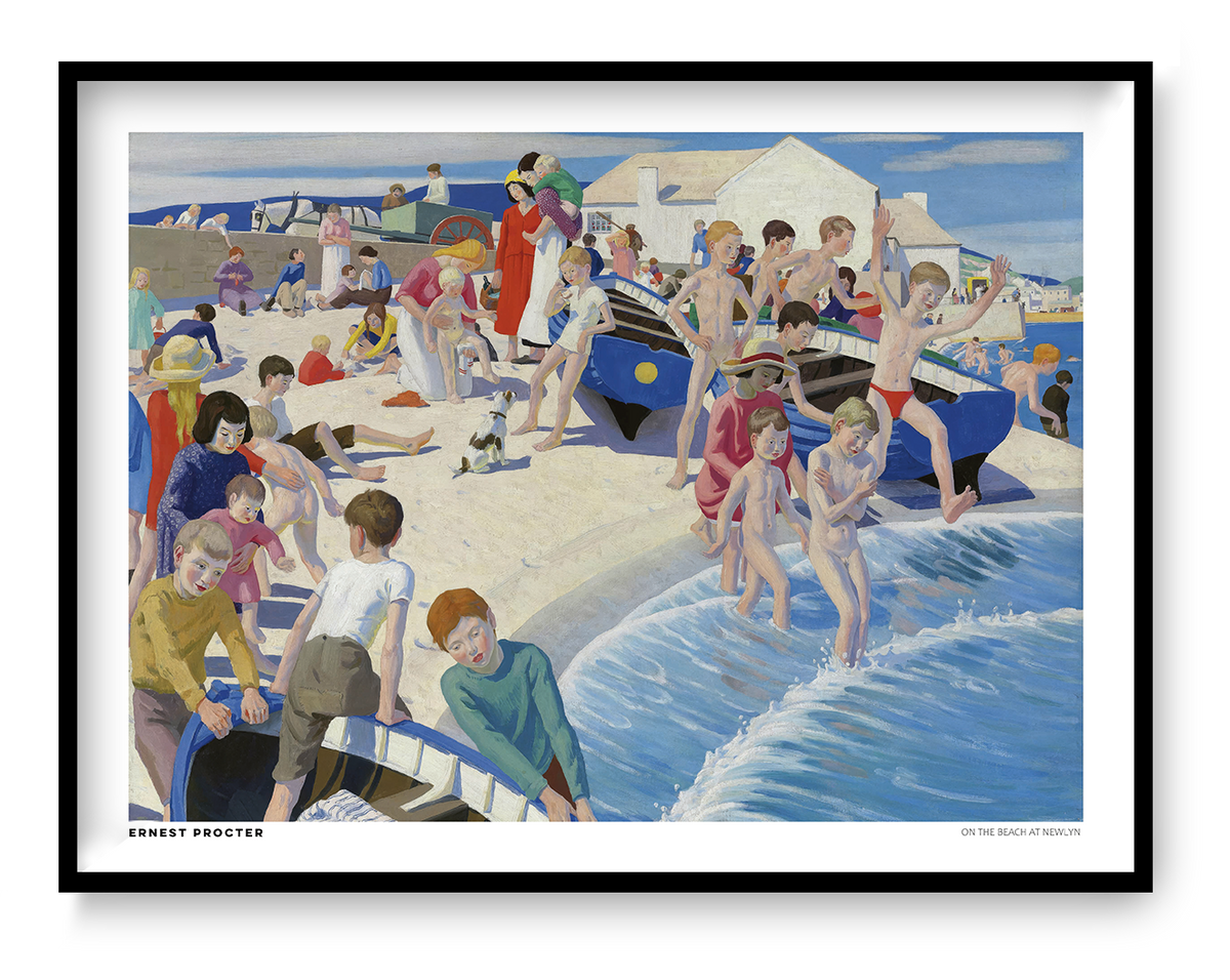 On the Beach at Newlyn by Ernest Procter, colourful British seaside painting with children swimming, families on the sand and blue fishing boats. Horizontal coastal artwork reproduced as a digital wall art print.