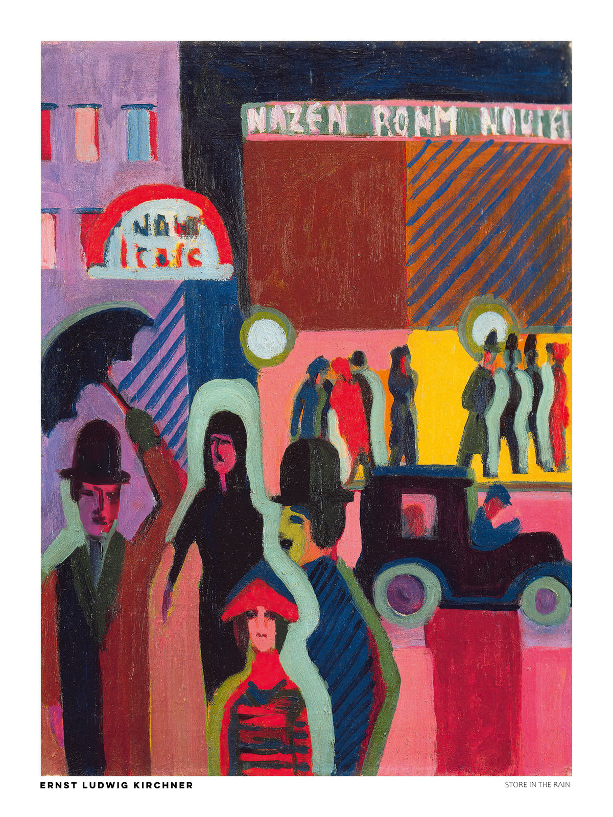 Store in the Rain by Ernst Ludwig Kirchner, a vertical expressionist city street scene with pedestrians, umbrellas, vintage cars, and colorful storefronts in vivid pink, red, blue, and yellow. Digital art print for eclectic wall decor.