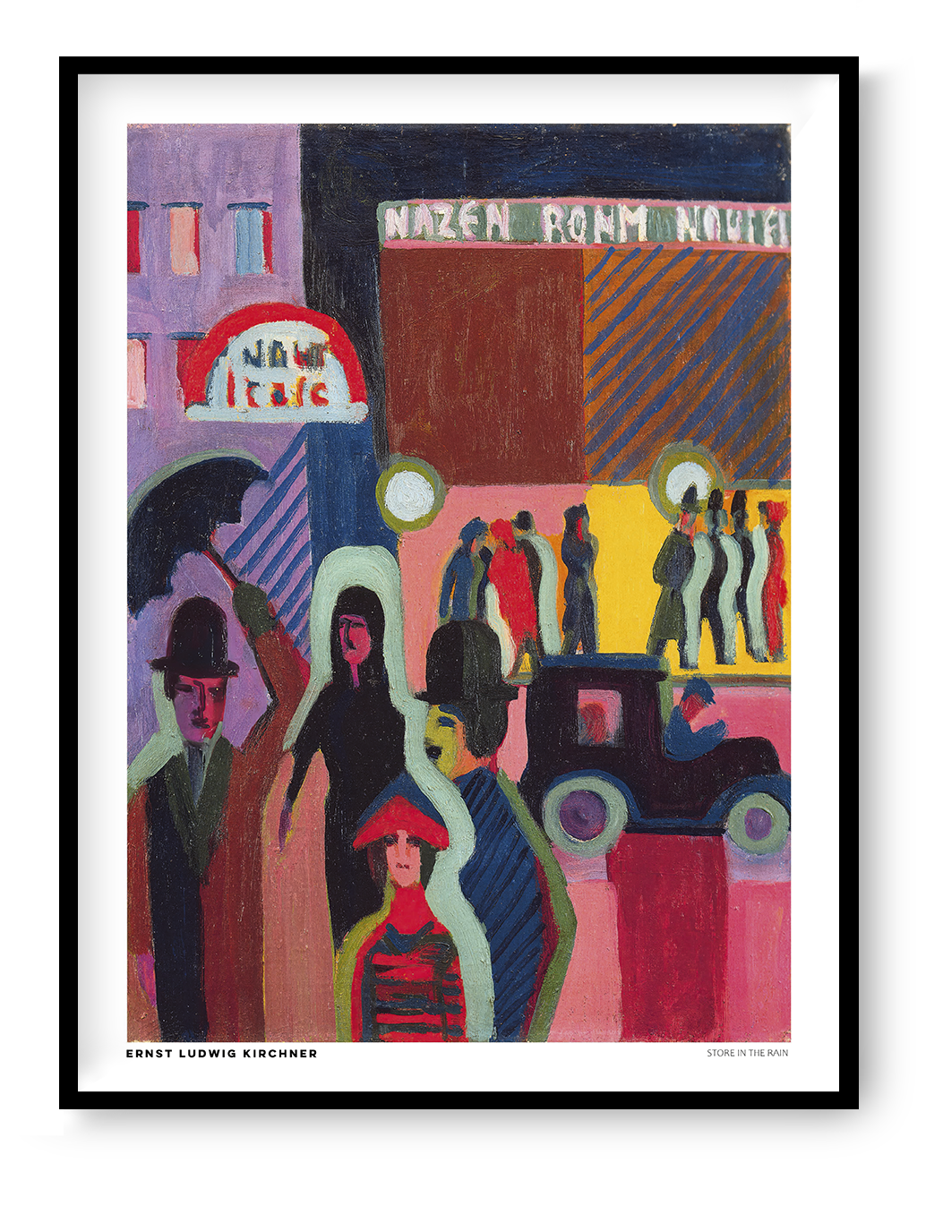 Store in the Rain by Ernst Ludwig Kirchner, a vertical expressionist city street scene with pedestrians, umbrellas, vintage cars, and colorful storefronts in vivid pink, red, blue, and yellow. Digital art print for eclectic wall decor.