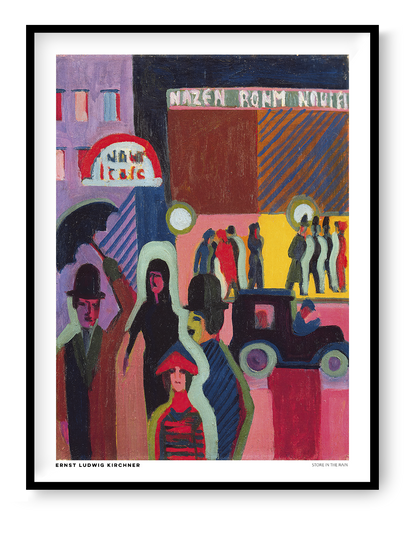 Store in the Rain by Ernst Ludwig Kirchner, a vertical expressionist city street scene with pedestrians, umbrellas, vintage cars, and colorful storefronts in vivid pink, red, blue, and yellow. Digital art print for eclectic wall decor.