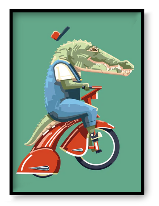 Art print “Easy Rider” by Floor 4 Productions, playful retro illustration with bold colors and animal character, modern wall art available in A4 and A3.
