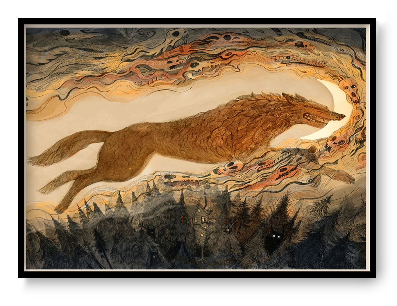 Art print “Eclipse” by Lena Yampolski, mystical folklore illustration with dark textures and moon imagery, atmospheric wall art available in A4 and A3.