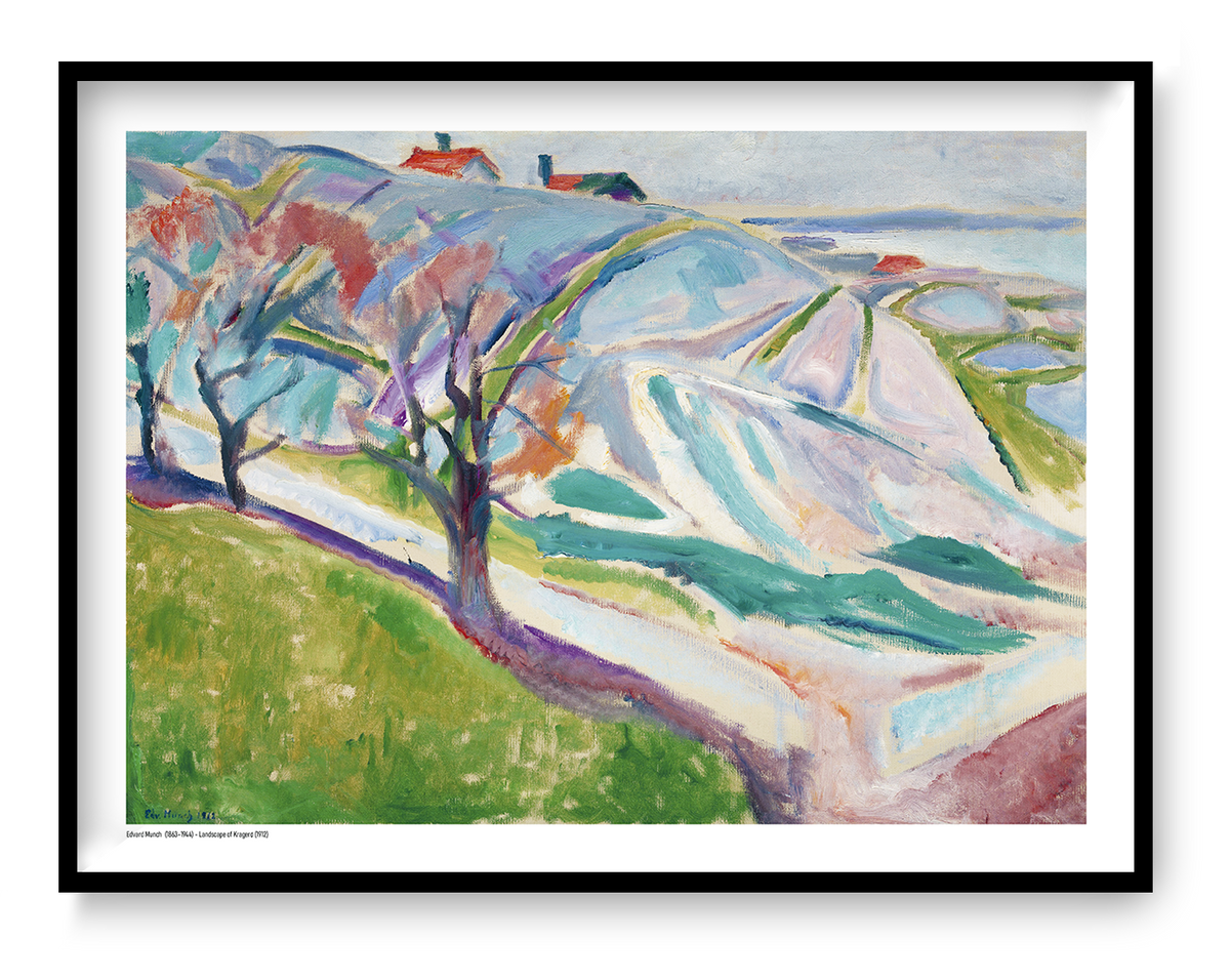Landscape of Kragerø by Edvard Munch, horizontal expressionist landscape in blue, green, pink and turquoise tones, reproduced as a digital print for colorful wall art and home decor.