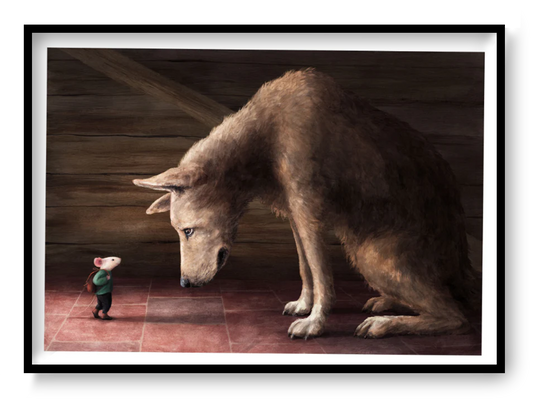 Art print “Een huis voor muis” by Stien van Kerckhoven, narrative illustration with gentle characters and warm atmosphere, limited edition wall art.