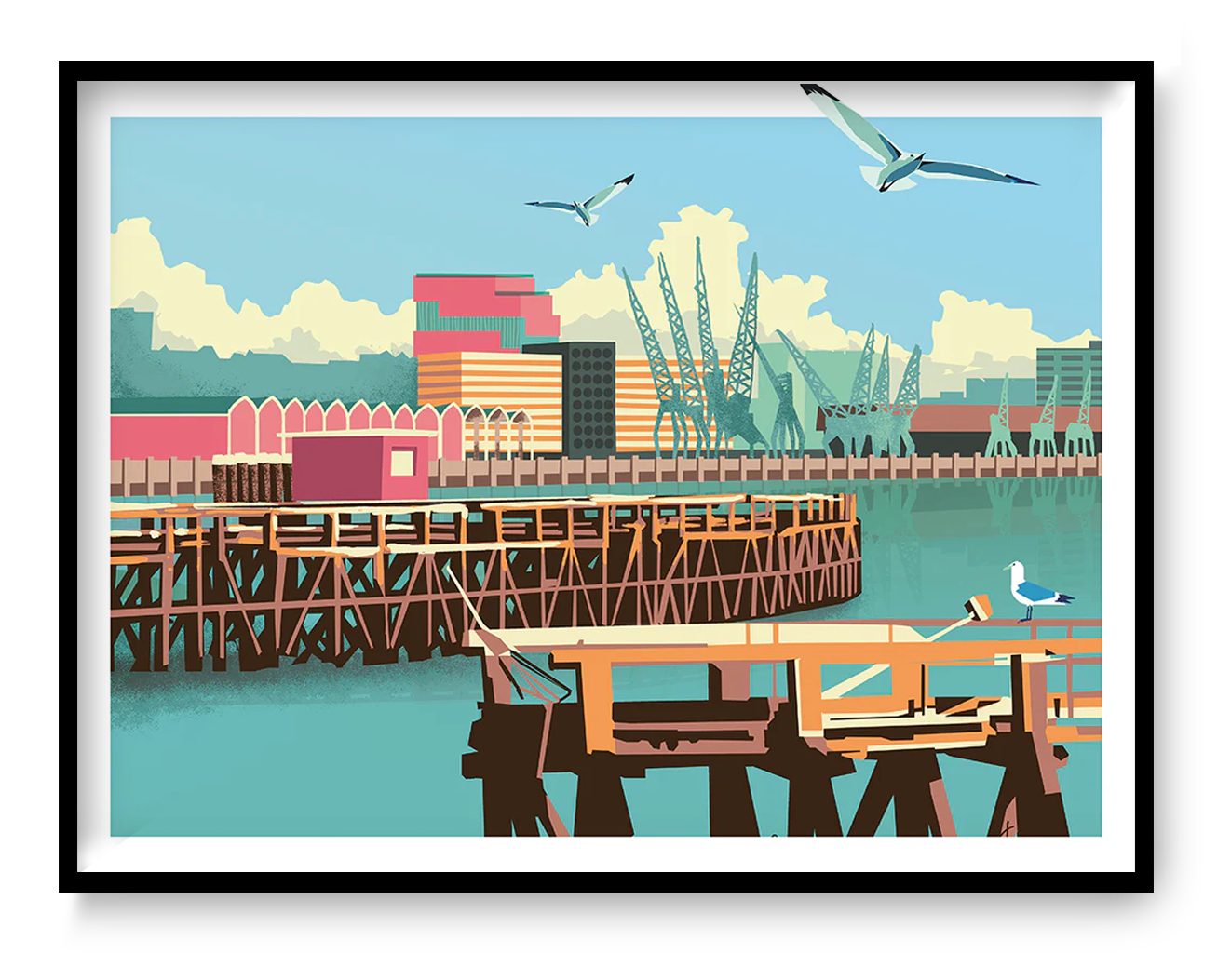Colorful cityscape illustration by Studio Frits titled 'Antwerp Northcastle,' featuring the industrial harbor of Antwerp with cranes, docks, and seagulls under a bright blue sky. Rendered in a bold, graphic style with retro tones, this print captures the urban charm and maritime identity of Belgium’s iconic port city—perfect for modern interiors and city art lovers