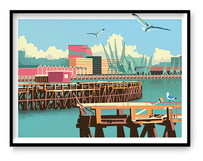Colorful cityscape illustration by Studio Frits titled 'Antwerp Northcastle,' featuring the industrial harbor of Antwerp with cranes, docks, and seagulls under a bright blue sky. Rendered in a bold, graphic style with retro tones, this print captures the urban charm and maritime identity of Belgium’s iconic port city—perfect for modern interiors and city art lovers
