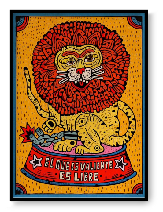 A3 art print “El que es valiente es libre” by Asis Percales, bold tattoo-inspired illustration symbolizing courage and freedom, statement wall art.