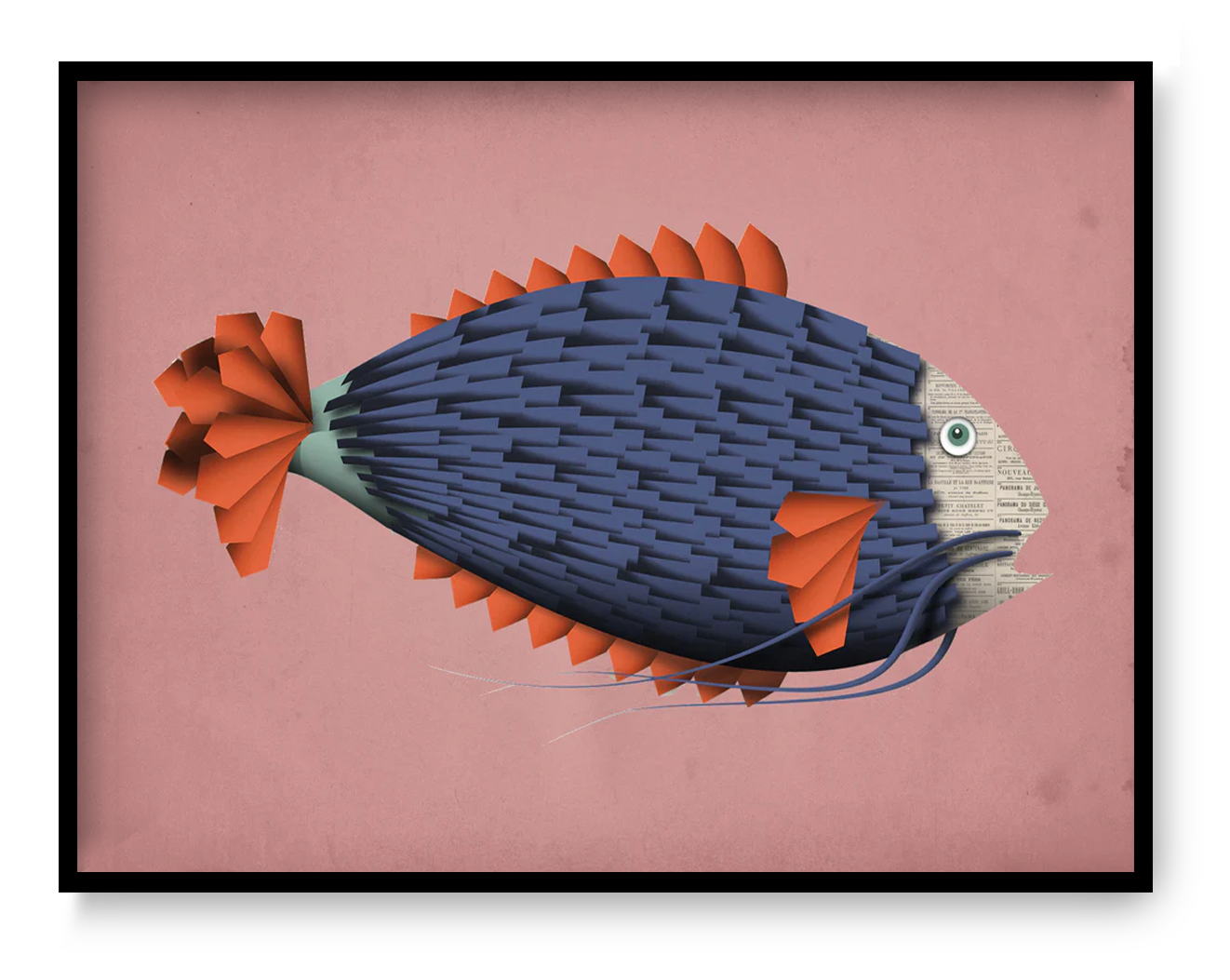 A4 art print “Emile le Poisson” by Studio Frits, graphic fish illustration with bold blue and orange colors, humorous character wall art.