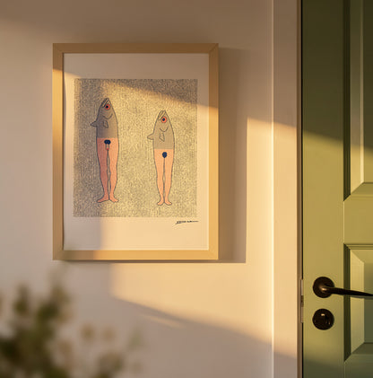 Humorous risograph art print featuring two surreal anthropomorphic fish-mermaids in blue and pink tones, minimalist graphic illustration with textured risograph pattern, vertical composition, playful contemporary wall art for modern home decor.
