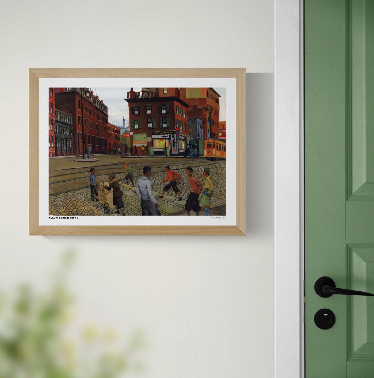 Douglas Square by Allan Rohan Crite, horizontal vintage urban painting of people on a cobblestone street with red brick buildings, an orange tram, and warm earthy colors. Digital wall art print for living rooms.
