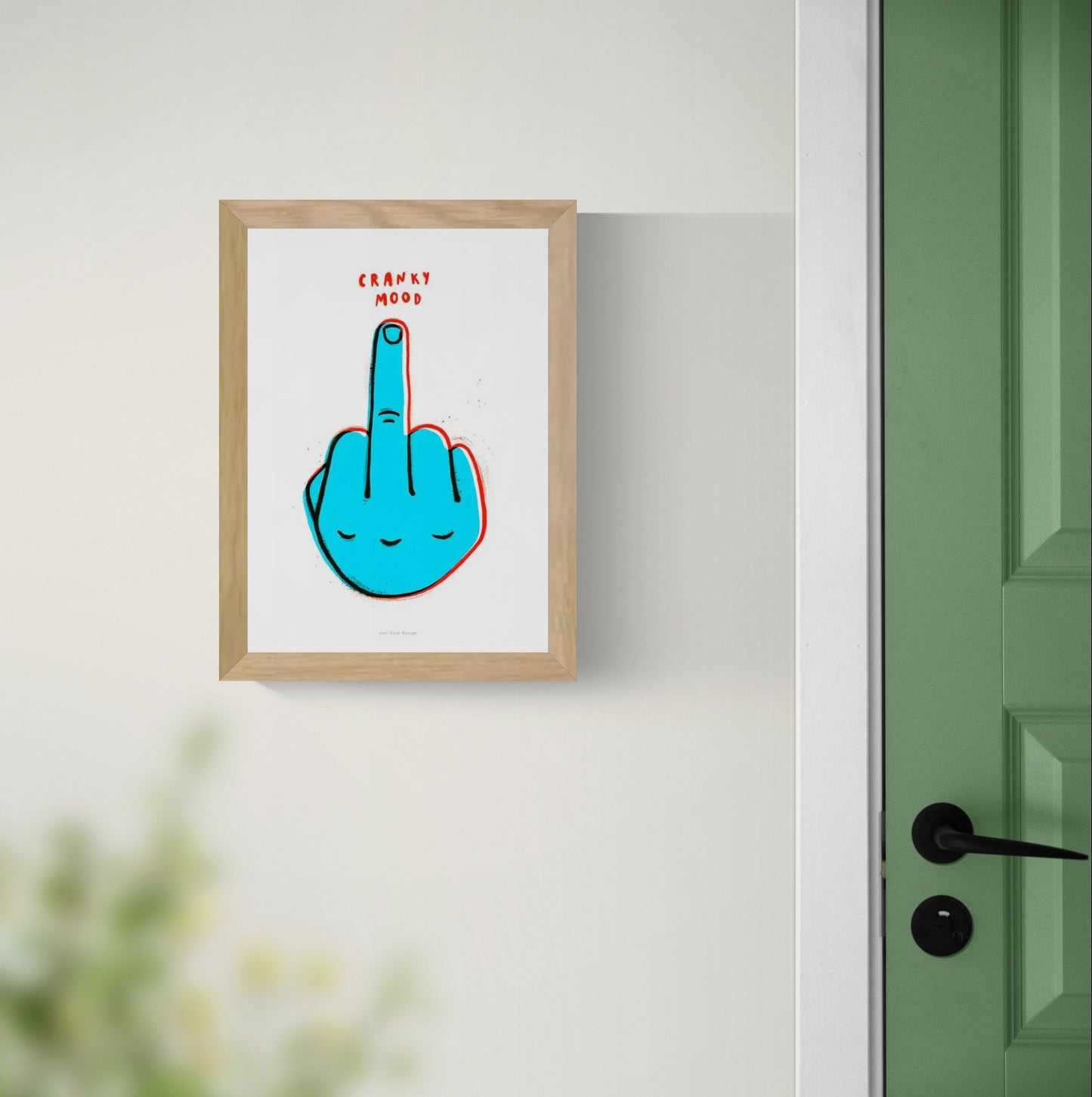 A4 giclée art print “Cranky Mood” by Just Cool Design, bold blue graphic illustration with humorous pop art style, modern wall art for playful interiors.