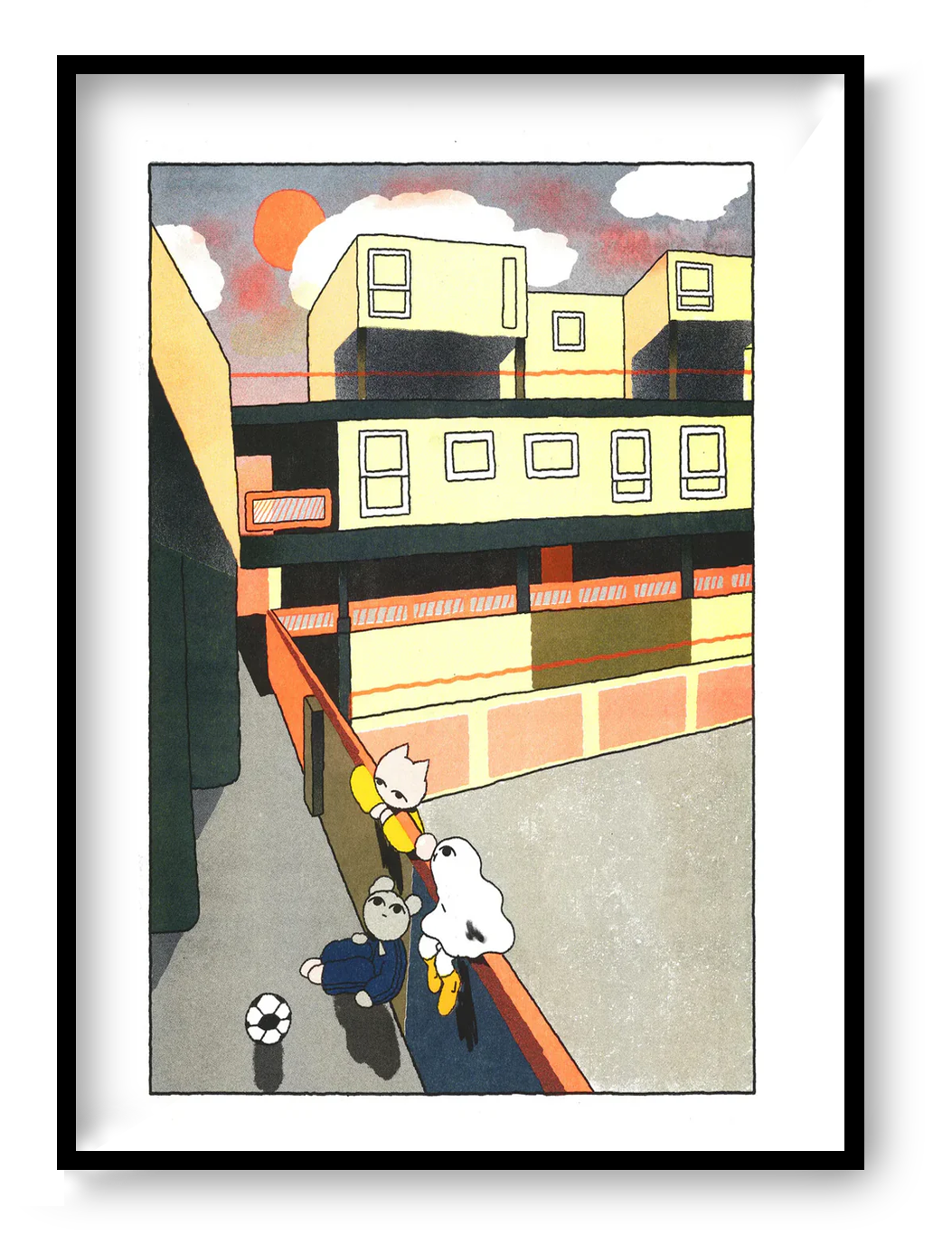 A3 risograph art print “Estate Hang” by Hel Covell, urban illustration of friends spending time together at sunset, warm contemporary wall art.