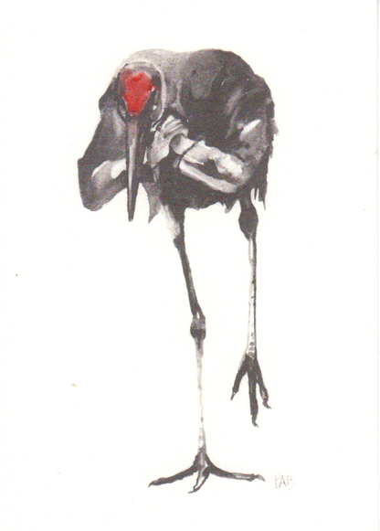 Expressive art print of a black bird by FAB titled 'Black Bird' – minimalist illustration featuring a solitary bird with a striking red head, rendered in delicate watercolor tones. Contemporary avian artwork with emotional depth, perfect for modern interiors and bird art collectors