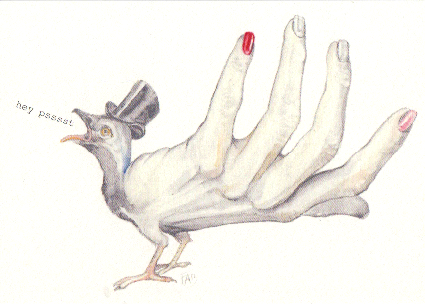 Surreal A6 art card by Belgian illustrator FAB showing a bird with a human hand tail, manicured nails and top hat, whimsical and poetic illustration