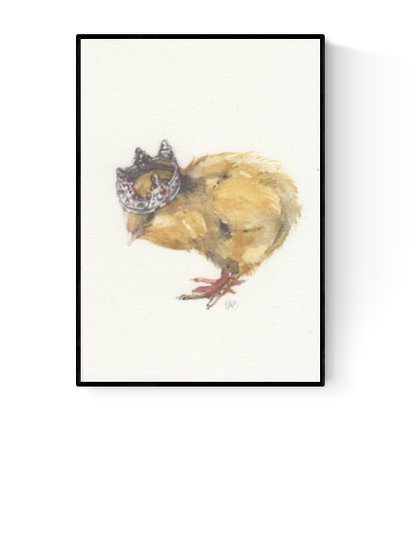 Watercolor-style A6 illustration of a fluffy yellow chick wearing a royal crown on textured paper – King Chick by Belgian artist FAB.