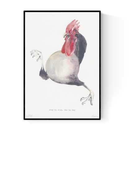 Surreal art print of a quirky rooster in mid-step with human-like legs, titled “Step by Step, Day by Day” by Belgian illustrator FAB (Fabienne Verhulsel). A humorous and minimalist A5 artwork printed on 300g Munker Pure rough paper, perfect for collectors of surreal and whimsical art in Belgium, the Netherlands, France, and Germany.