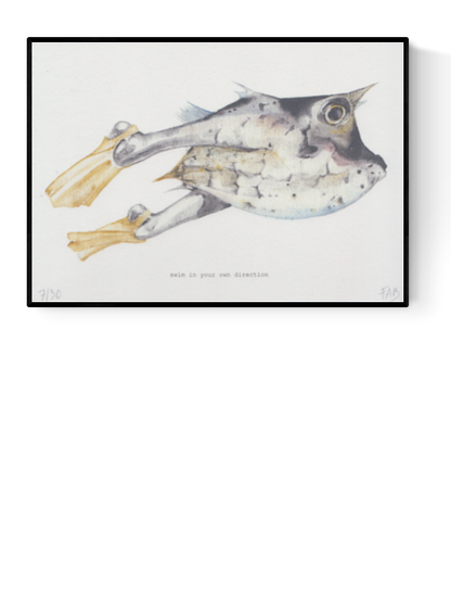 Surreal A5 art print titled Swim in your own direction by Belgian illustrator FAB. Features a watercolor fish with human legs and yellow fins, paired with the quote "Swim in your own direction". Printed on 300g Munker Pure rough paper, ideal for unique and inspirational home decor.