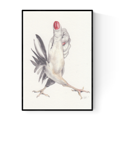 Surreal A6 art print titled Thumb by Belgian illustrator FAB, featuring a creature with the body of a bird and a human thumb as its head, complete with red nail polish. Printed on 300g Munker Pure rough paper. Small format artwork full of playful absurdity.
