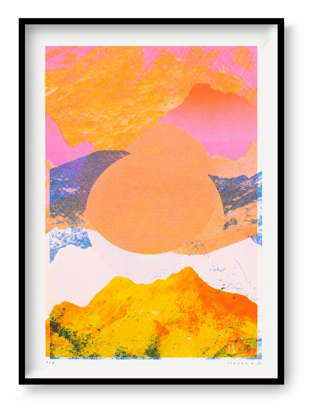 Fragments 4.0 by PTRVRKD, vertical risograph mountain landscape in vivid orange, pink, yellow and blue with layered collage textures, bold contemporary wall art for modern interiors.