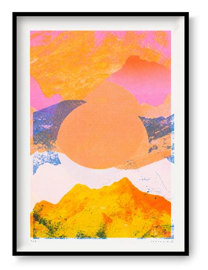 Fragments 4.0 by PTRVRKD, vertical risograph mountain landscape in vivid orange, pink, yellow and blue with layered collage textures, bold contemporary wall art for modern interiors.