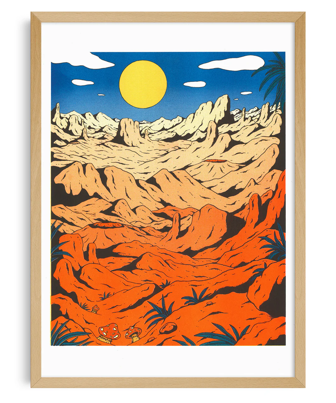 Colorful risograph print Landscape by Dutch illustrator Floor van het Nederend, depicting a surreal orange desert under a bright blue sky and large yellow sun, filled with alien rock formations and graphic details. A vibrant extraterrestrial landscape artwork ideal for collectors of bold and imaginative prints.