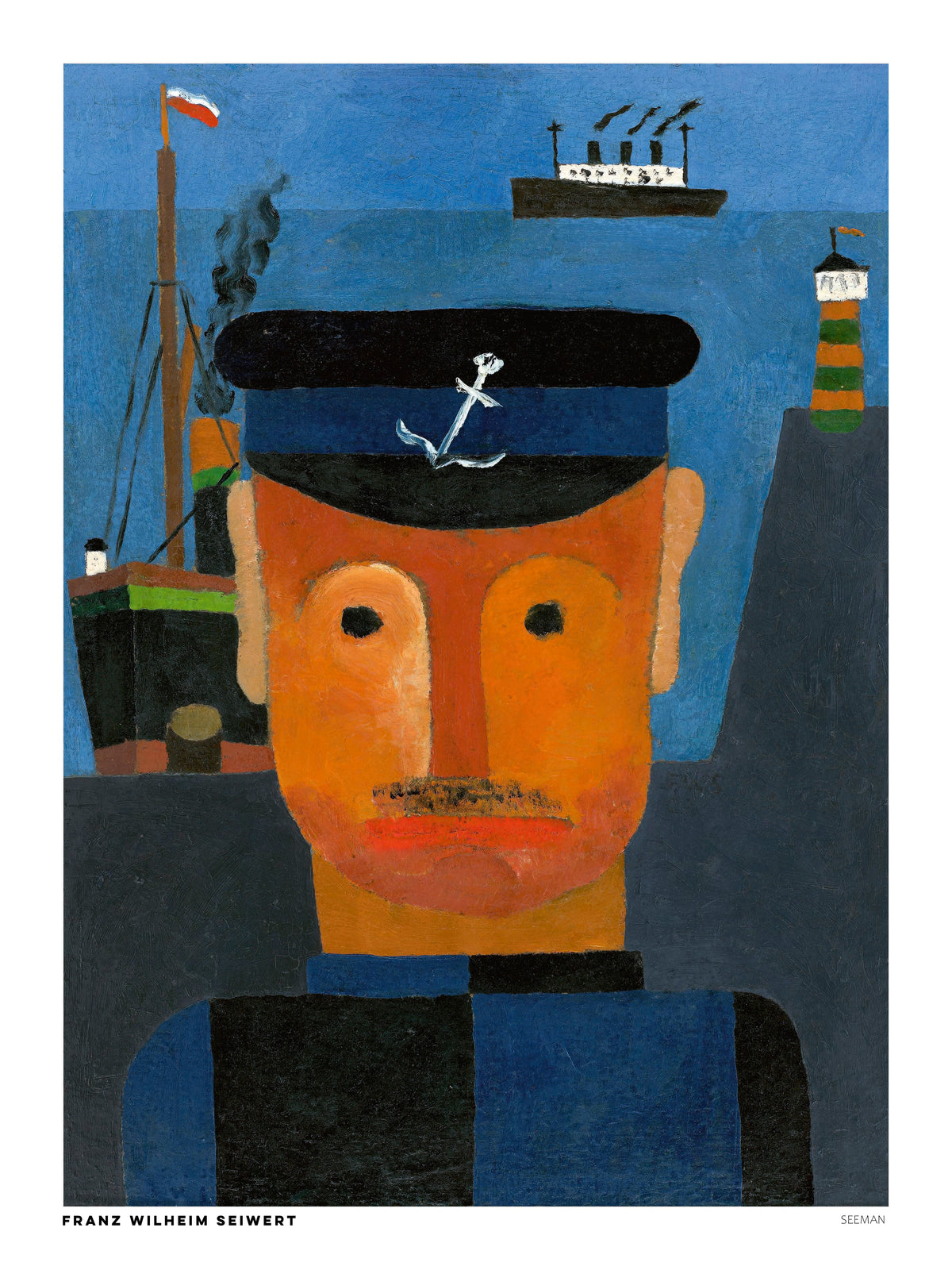 Seemann by Franz Wilhelm Seiwert, a modernist sailor portrait in orange, blue, and black, with ships and a lighthouse in the background. Vertical digital art print for nautical-inspired wall decor.