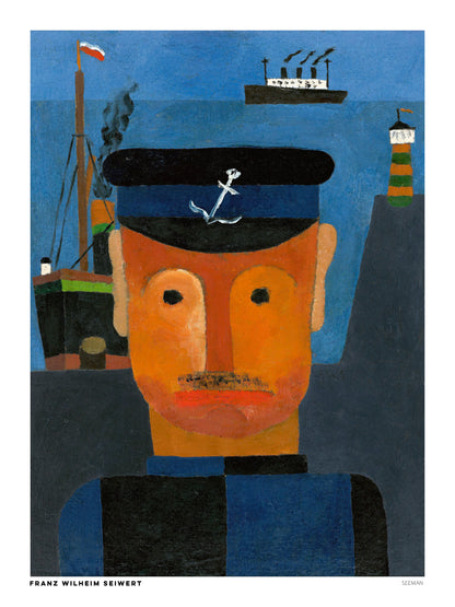 Seemann by Franz Wilhelm Seiwert, a modernist sailor portrait in orange, blue, and black, with ships and a lighthouse in the background. Vertical digital art print for nautical-inspired wall decor.