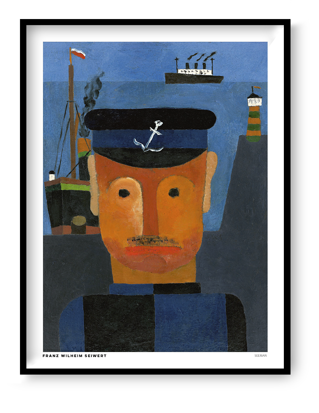 Seemann by Franz Wilhelm Seiwert, a modernist sailor portrait in orange, blue, and black, with ships and a lighthouse in the background. Vertical digital art print for nautical-inspired wall decor.