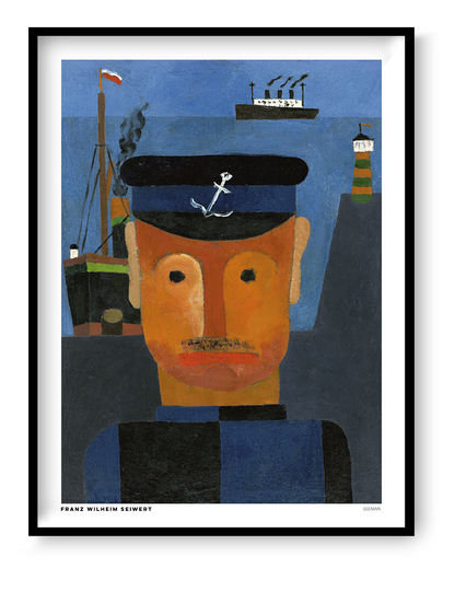 Seemann by Franz Wilhelm Seiwert, a modernist sailor portrait in orange, blue, and black, with ships and a lighthouse in the background. Vertical digital art print for nautical-inspired wall decor.