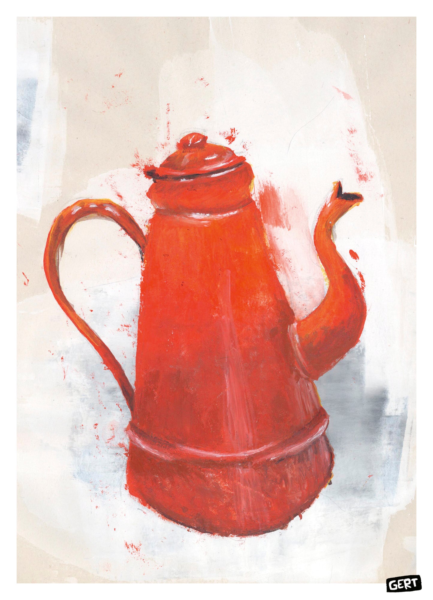 Red coffee pot illustration art print by Gert Paenen on textured neutral background, expressive contemporary kitchen wall art with bold warm colors and painterly details.