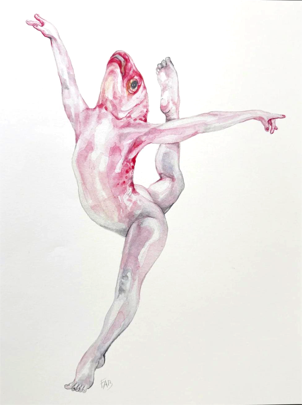 30x40 cm art print “Diva Fish” by FAB, surreal watercolor illustration with poetic tone, contemporary wall art for modern interiors.