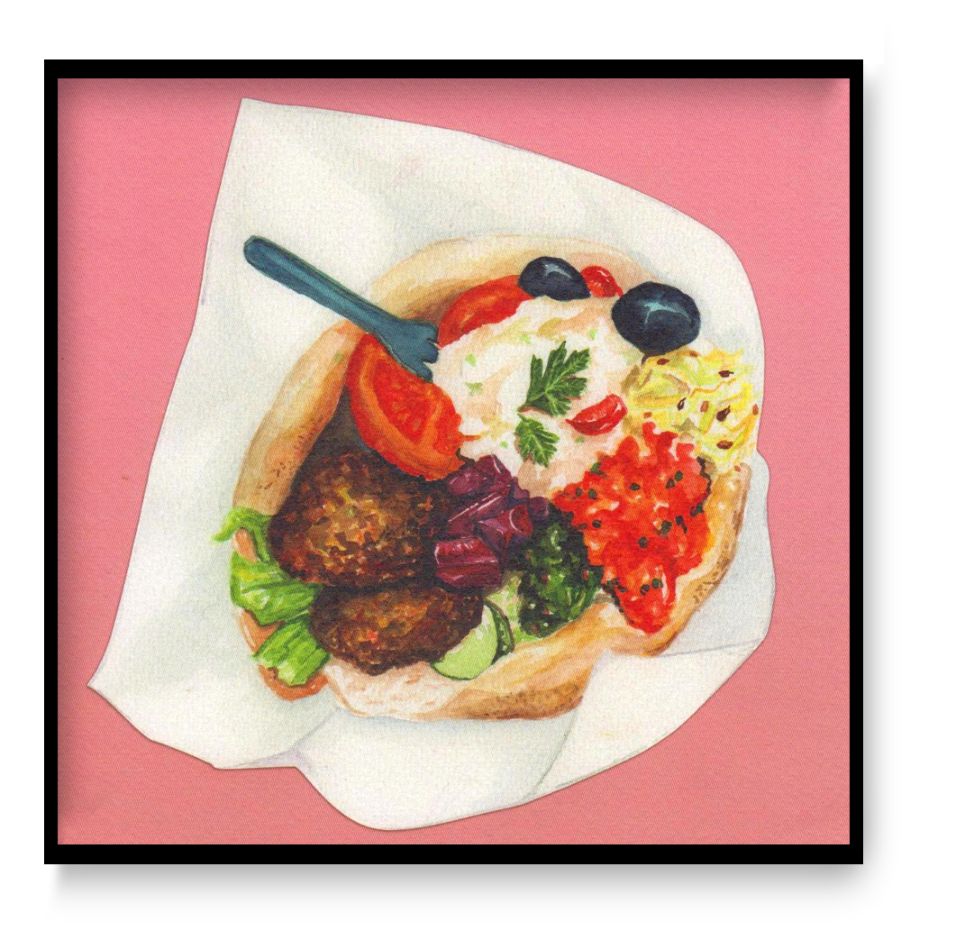 Art print “Falafel” by Kim Timmermans, watercolor and pencil illustration of a falafel wrap, intimate food illustration for contemporary interiors.