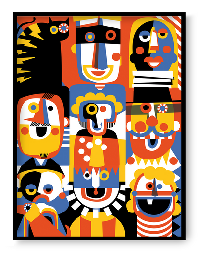 30x40 cm art print “Family Portrait” by Studio Frits, geometric illustration with colorful faces, modern graphic wall art for contemporary interiors.