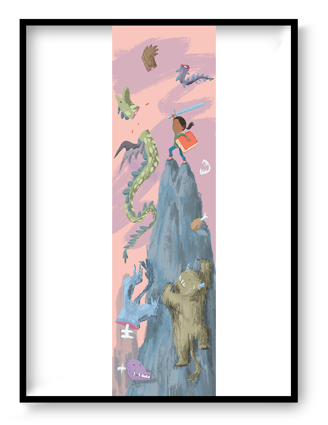 Fantasy giclée art print by Willy Leung in vertical format showing a whimsical fantasy scene with creatures and a child hero, printed on fine art paper.