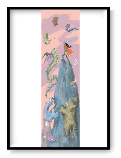 Fantasy giclée art print by Willy Leung in vertical format showing a whimsical fantasy scene with creatures and a child hero, printed on fine art paper.