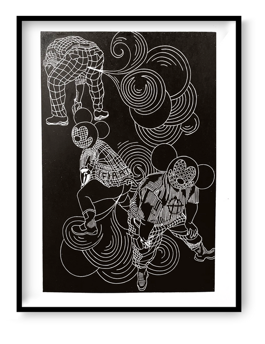 30x40 cm linocut art print “Fartgang” by FAB, handprinted satirical illustration with bold graphic style, limited edition collector artwork.