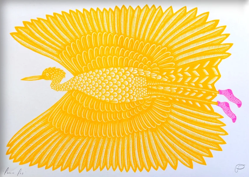 Yellow bird in flight with large patterned wings and bright pink feet, illustrated in a playful graphic style and printed as a horizontal risograph, ideal for colourful contemporary wall decor.