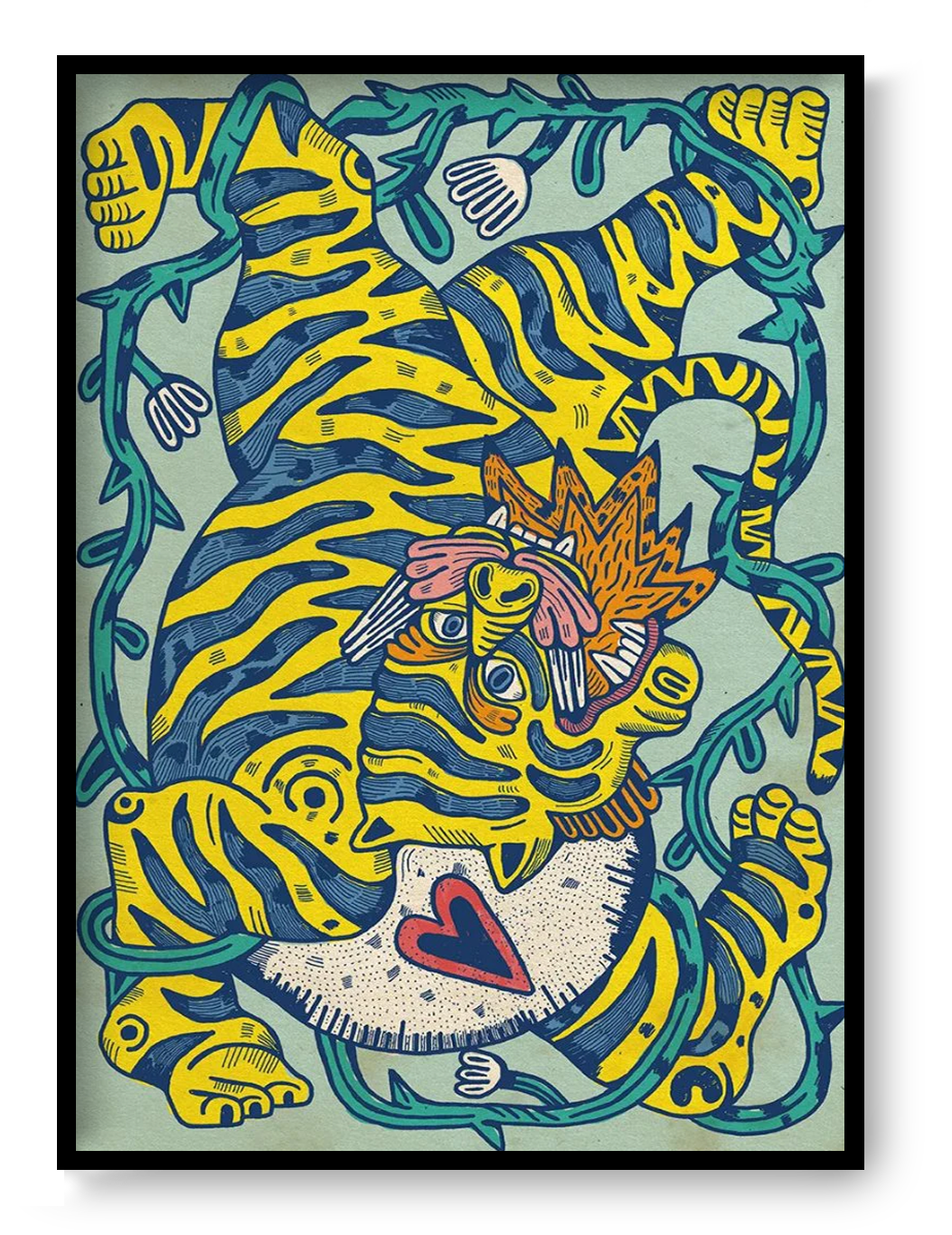 A3 art print “Fiera” by Asis Percales, bold tattoo-inspired illustration with tiger and folk symbolism, expressive contemporary wall art.